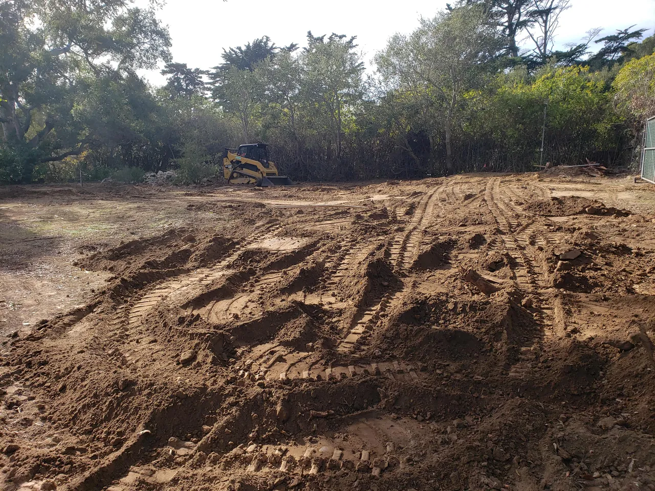 Freshly graded dirt lot covered in track loader tracks, with a compact track loader parked at the tree line